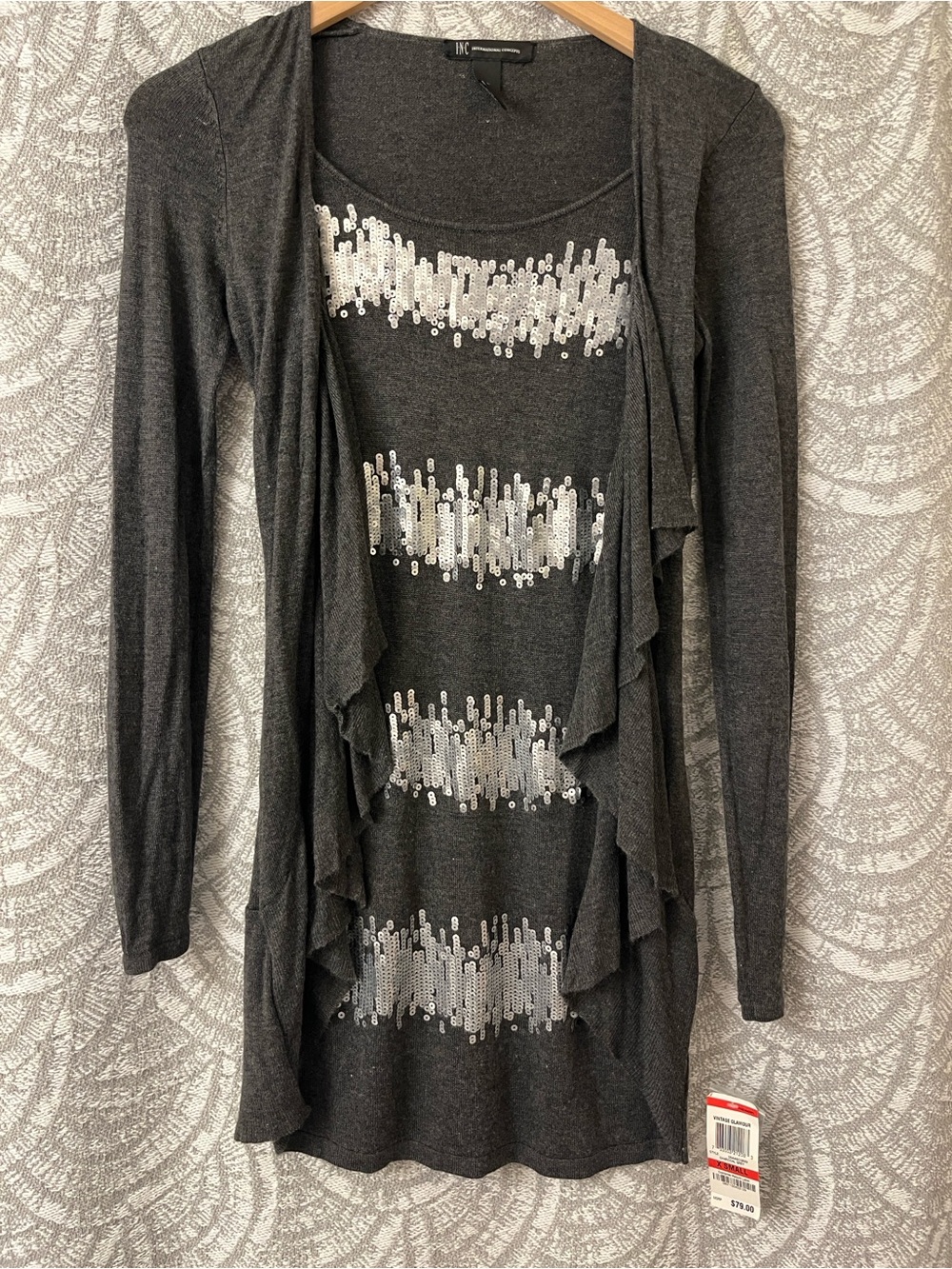 Dark Charcoal Gray Sequin-Stripe Ruffled Open Cardigan Dress